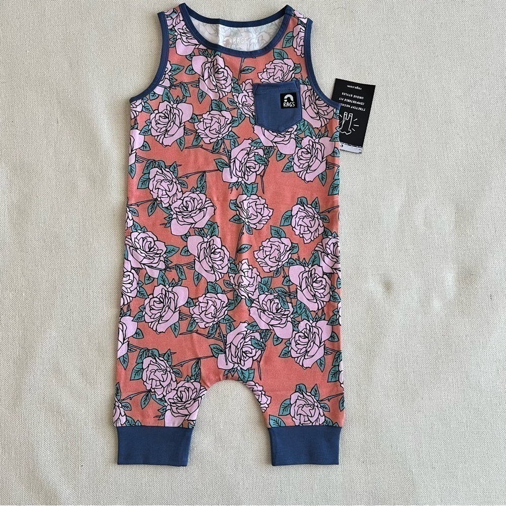 RAGS Sleeveless Salmon Pink
Romper Shorts with Roses, Blue Pocket & Trim